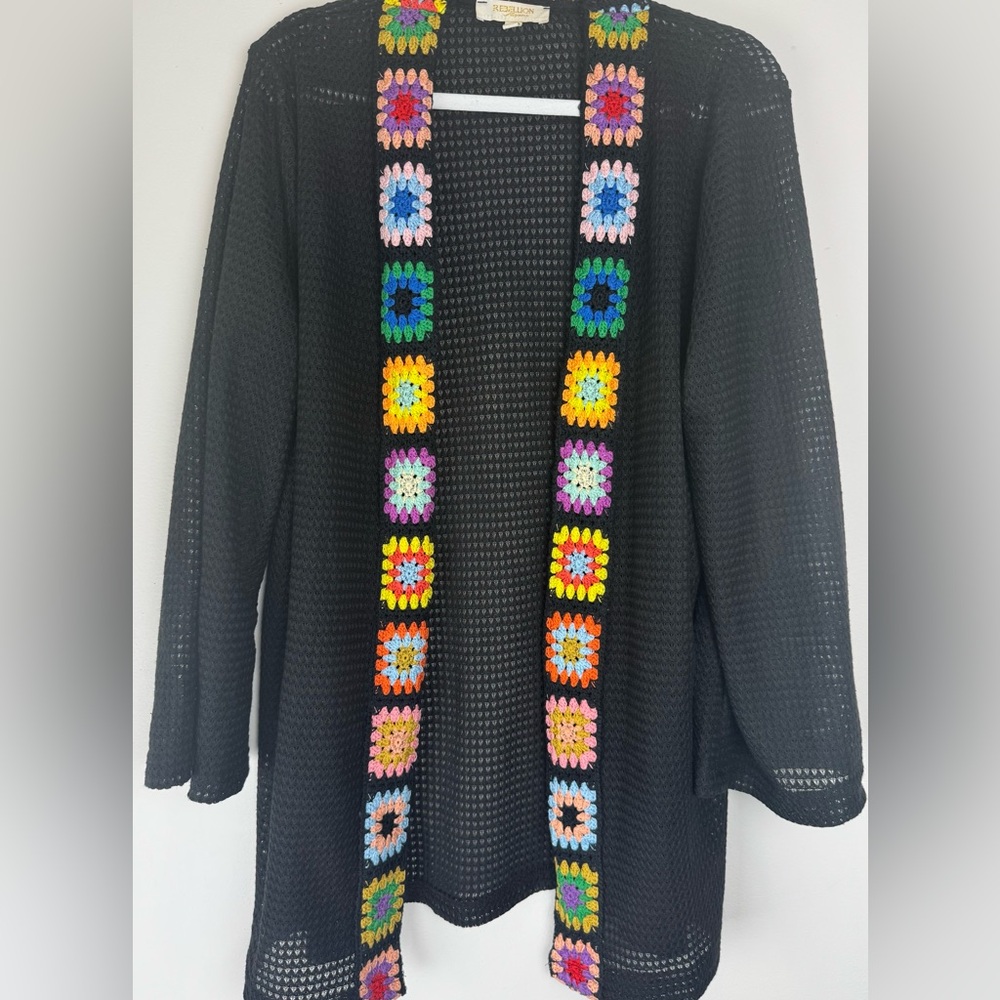 Rebellion Crochet Cardigan Black Granny Square Open Knit XL Boho